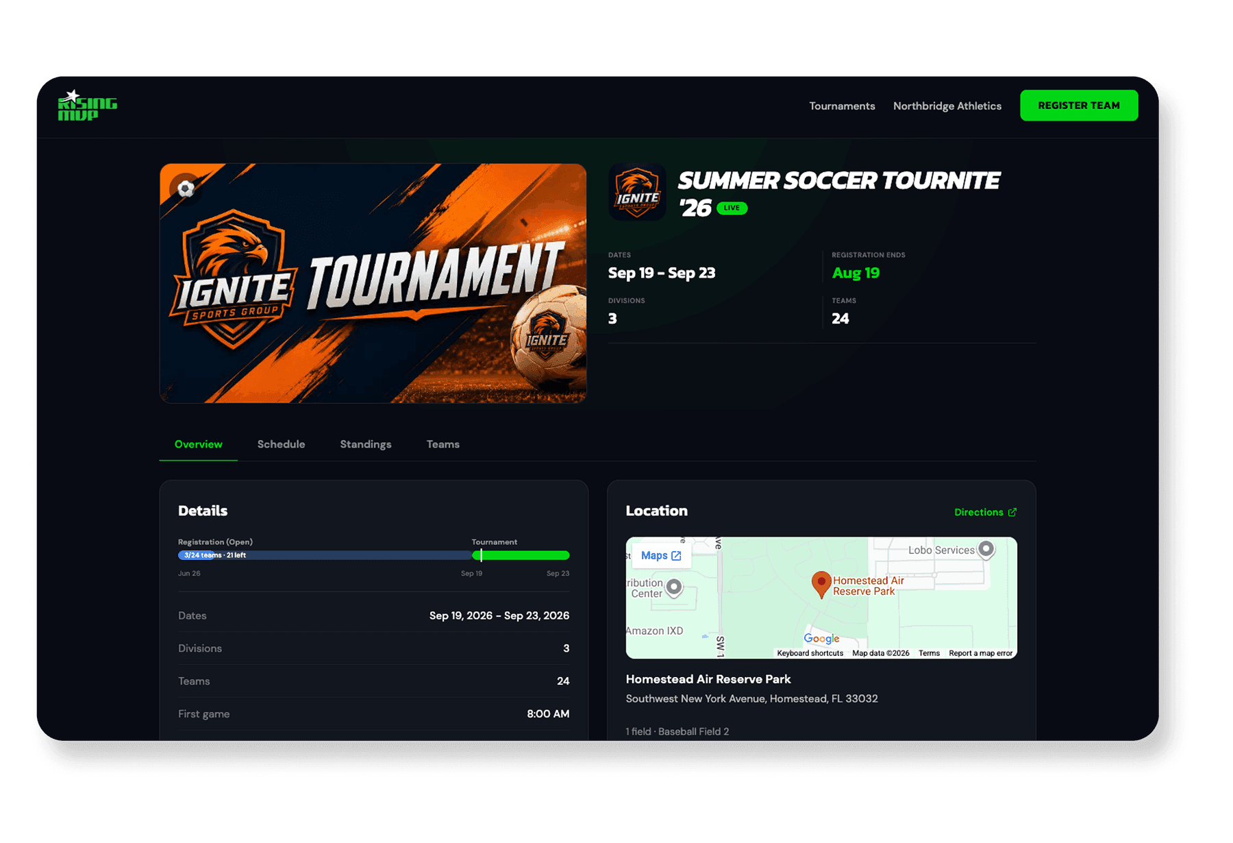 A public RisingMVP tournament page for Summer Soccer Tournite ’26, showing dates, division and team counts, a registration progress bar, a venue map and a Register Team button.